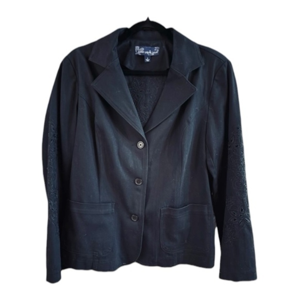 Susan Graver Black Medium Embroidered Cutout Back Blazer Classic Workwear Chic